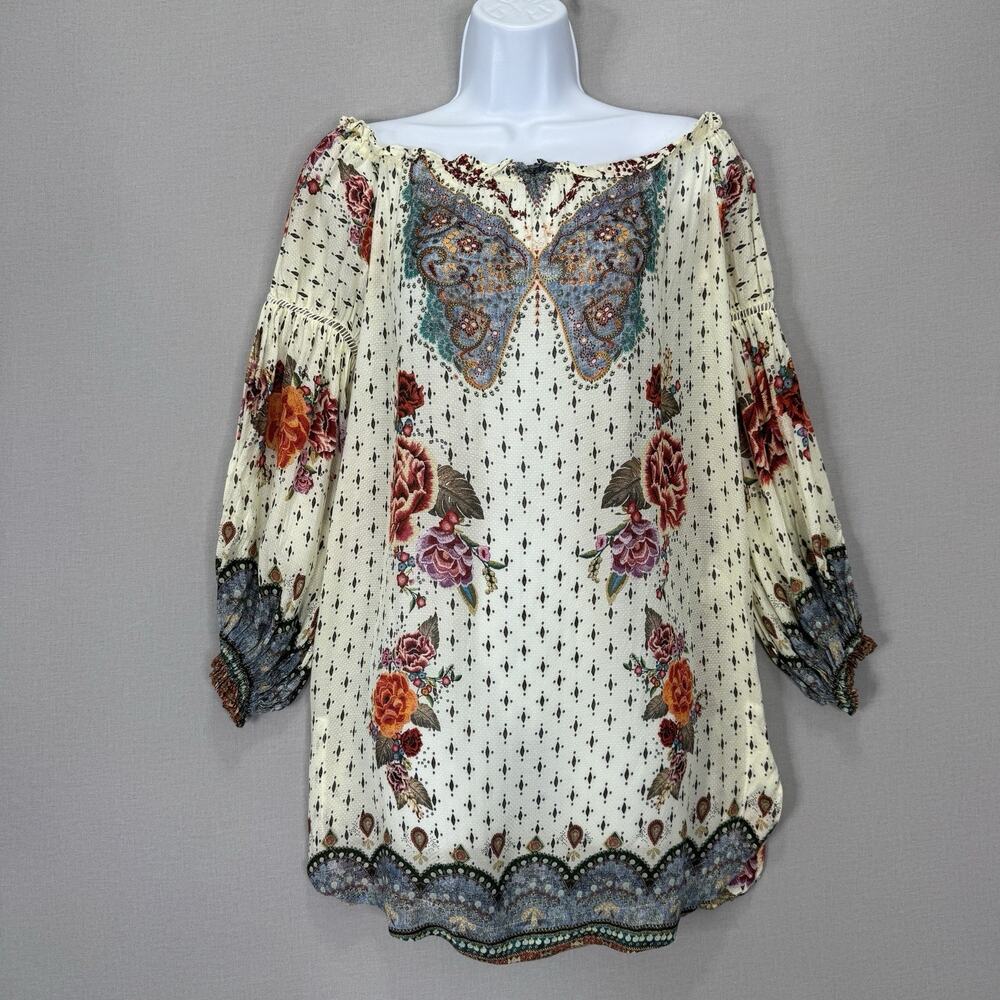 FARM Rio Butterfly Floral Tunic Womens P Cream Off The Shoulder Cover-Up Top‎